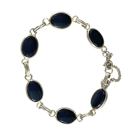 Elegant Gold & Black Onyx Oval Link Bracelet With Safety Chain - Picture 1 of 8
